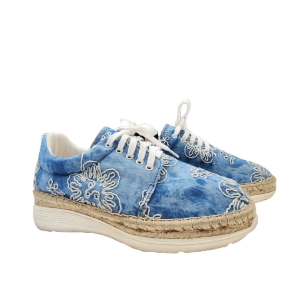 Azura Kacy Blue and White Espadrille Embroidered Boho Sneaker Shoes Size 6.5